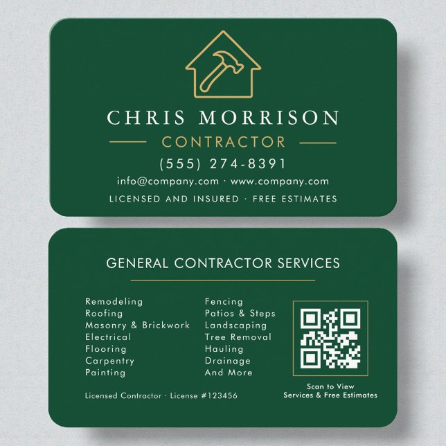 Eco General Construction Modern Green Gold QR Code Visitkort (Skapare uppladdad)