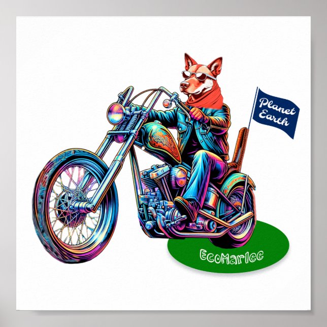 EcoMarlee mascot rider motorcykel med flagga Poster (Framsidan)