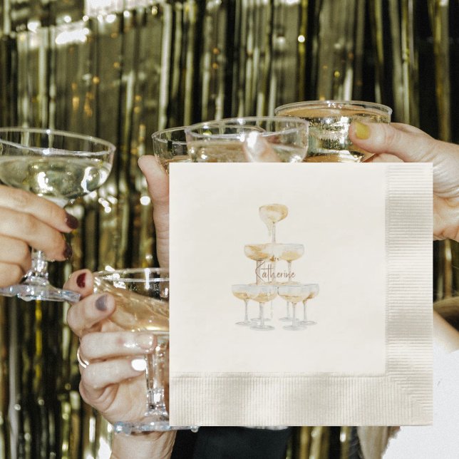 Ecru Champagne Tower Anpassat Namn Präglat Pappersservett (Skapare uppladdad)