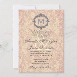 Ecru Damask Silver Vintage Ram Monogram Bröllop Inbjudningar