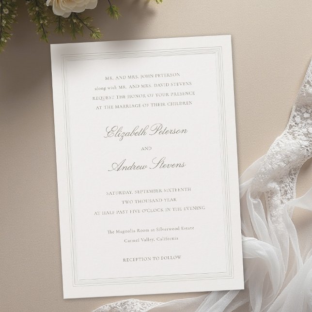 Ecru Formell Romantisk Klassisk Trippel Ram  Bröll Inbjudningar (formal wedding invitation modern classic triple frame faux embossed black tie ballroom ecru romance)