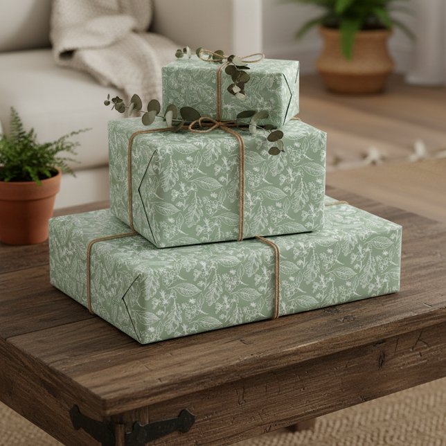 Ecru Löv Blommigt Art Mönster on Sage Grönt Presentpapper (Skapare uppladdad)