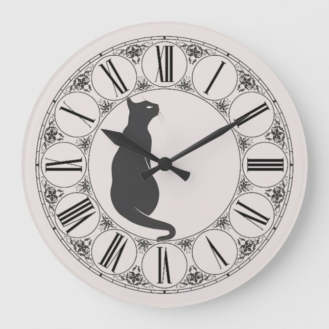 Ecru med svart katt och romersk Ansikte Stor Klocka (Framsida)