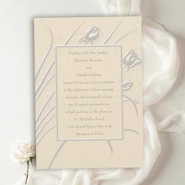 Ecru Rosvals Modern Klassisk Bröllopsfest Inbjudningar (modern classic wedding invitation ecru roses waltz formal traditional faux embossed black tux)