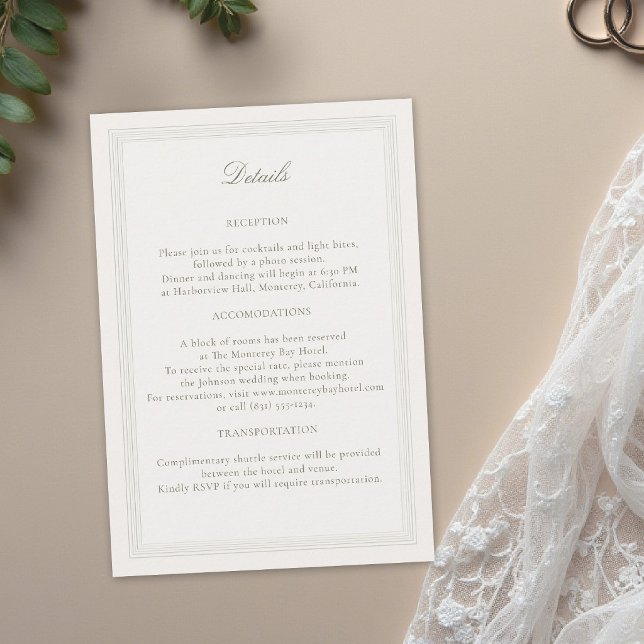 Ecru Triple Formal Elegant Classic Wedding Details Tilläggskort (formal wedding details card modern classic triple frame faux embossed black tie ecru traditional)