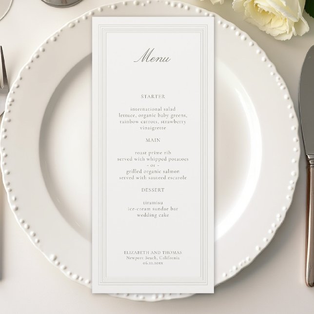 Ecru Trippel Formell Elegant Modern Klassisk Bröll Meny (formal wedding menu modern classic triple frame faux embossed black tie ecru traditional)