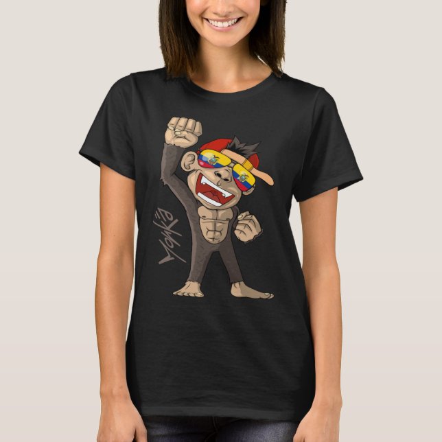 Ecuador Flag  Cheering Monkey  Fan T Shirt (Framsida)
