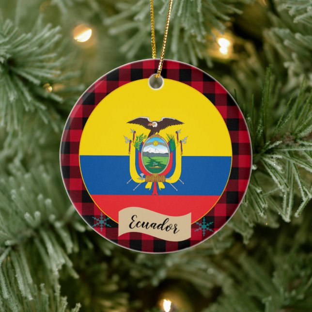 Ecuador, Red buffalo plaid & Ecuador Flagga Julgransprydnad Keramik (Träd)