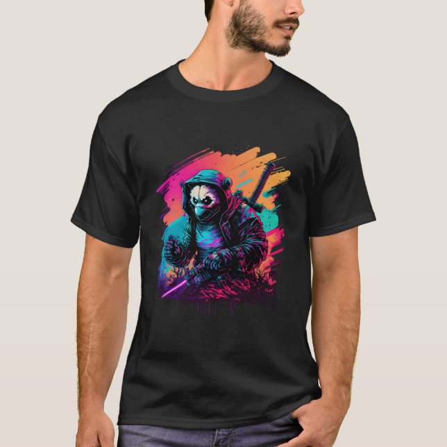 Ed Panda Ninja Steampunk Synthwave T Shirt (Framsida)