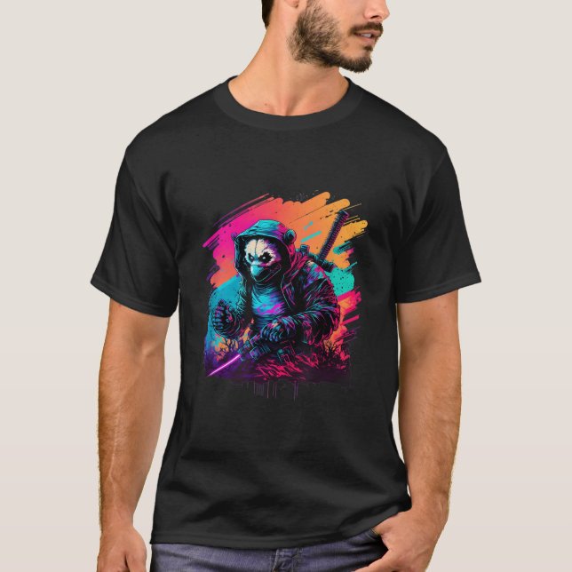 Ed Panda Ninja Steampunk Synthwave T Shirt (Framsida)
