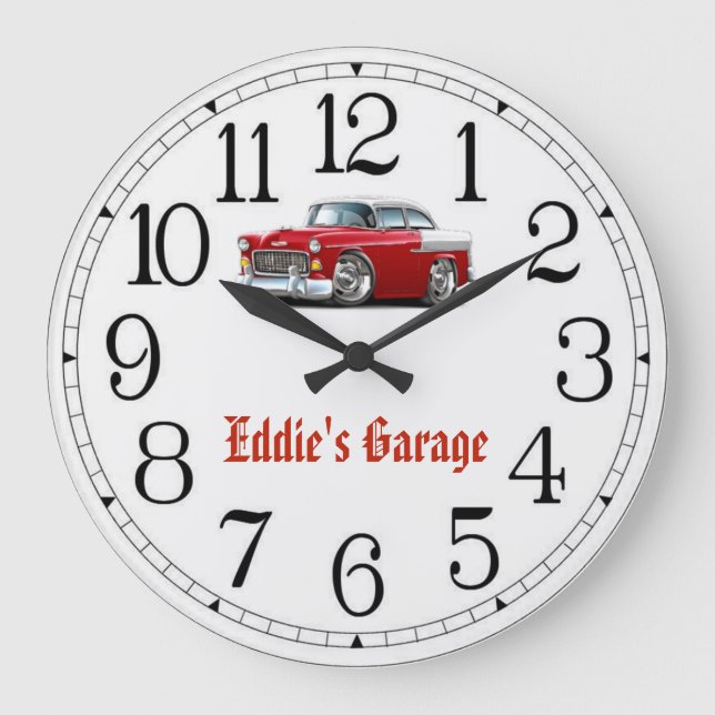 Eddie's Garage Red & White Classic Car Clock Stor Klocka (Framsida)