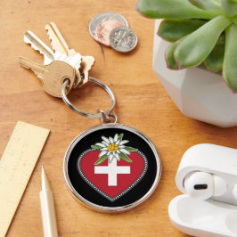 Edelweiss Heart Swiss Keychain Rund Silverfärgad Nyckelring