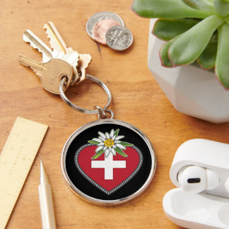 Edelweiss Heart Swiss Keychain Rund Silverfärgad Nyckelring