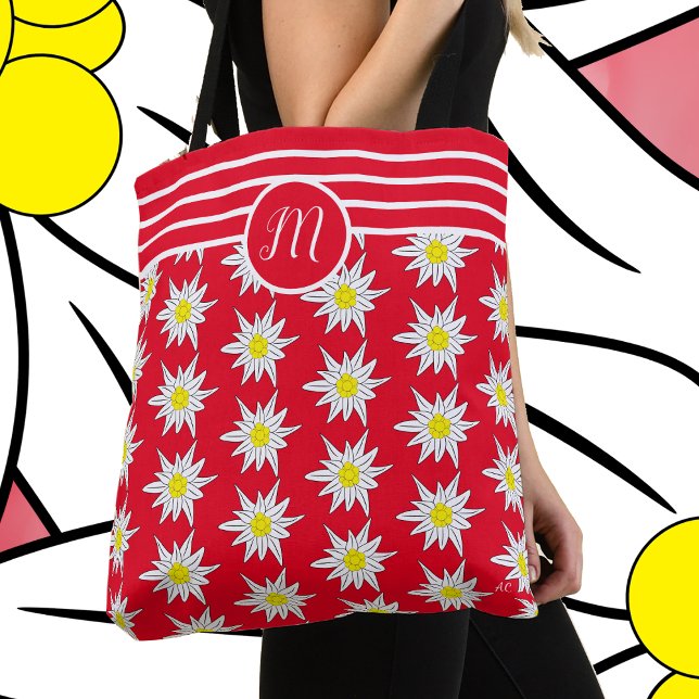 Edelweiss och Rand Monogram Red Tote Bag Tygkasse (Skapare uppladdad)