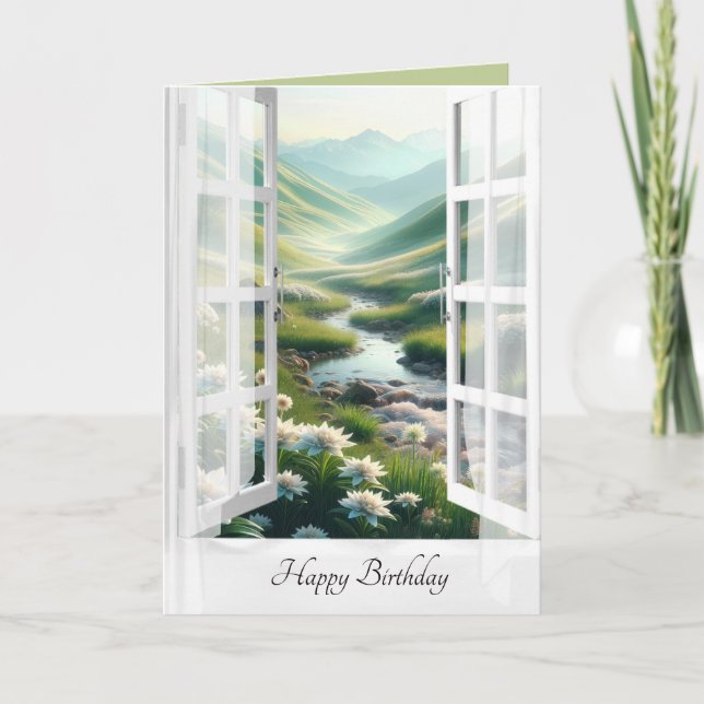 Edelweiss Swiss Alpernas Window Birthday Kort (Framsida)