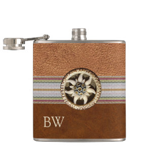 Edelweissflaska på läder med monogram fickplunta