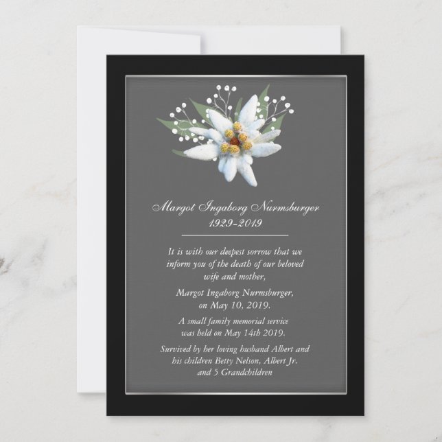 Edelwiess European Stil Dödsannonseringskort Meddelande (Framsida)