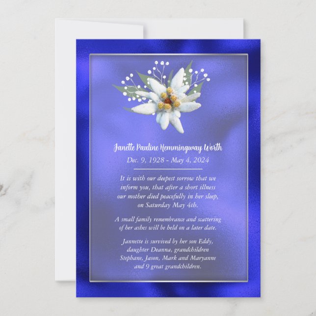 Edelwiess European Stil Dödsannonseringskort Meddelande (Framsida)