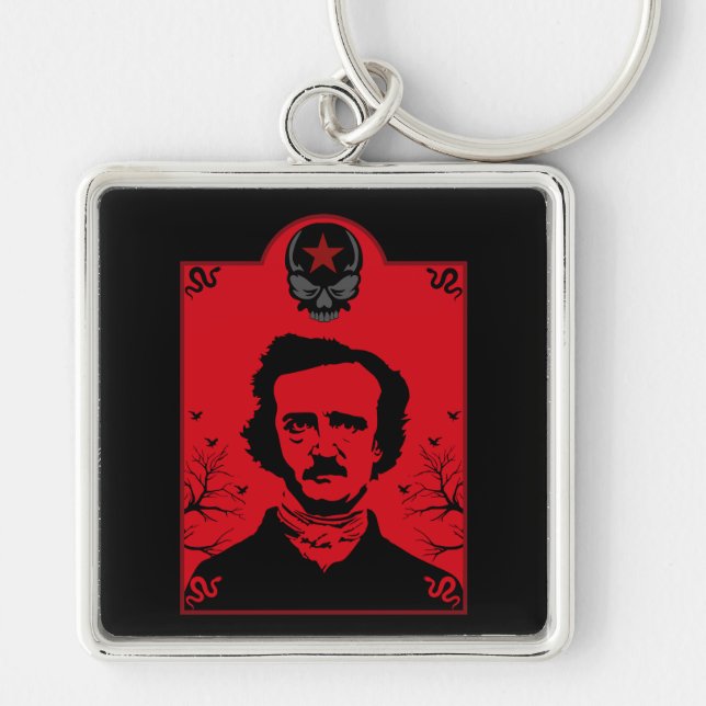 Edgar Allan Poe Black Raven Fyrkantig Silverfärgad Nyckelring (Framsidan)