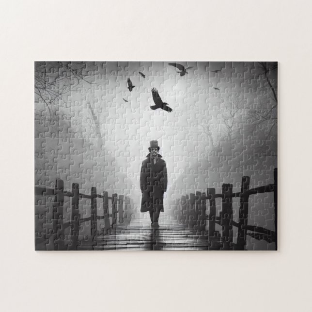 Edgar Allan Poe går Bridge med Raven Birds Pussel (Horisontell)