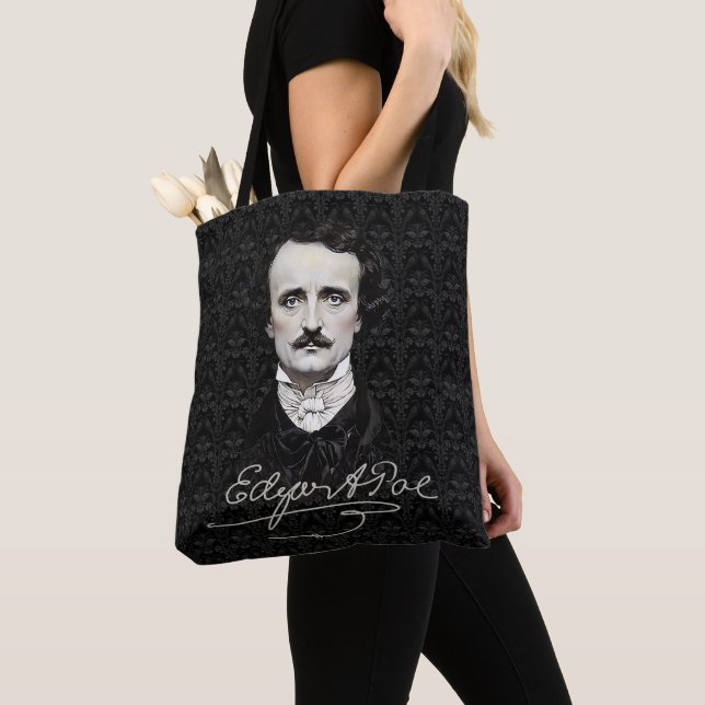 Edgar Allan Poe Gothic Halloween Namnteckning Tote Tygkasse (Närbild)