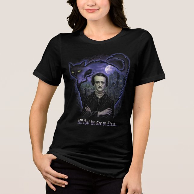 Edgar Allan Poe Gothic Womens Tee - Raven & Cat (Framsida)