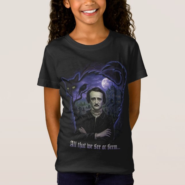 Edgar Allan Poe Gothic Youth Tee - Raven & Cat (Framsida)