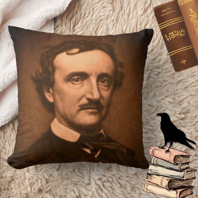 Edgar Allan Poe Headshot Gothic Moody Spooky Kudde (Add spooky gothic charm to your home with this moody Edgar Allan Poe throw pillow!)