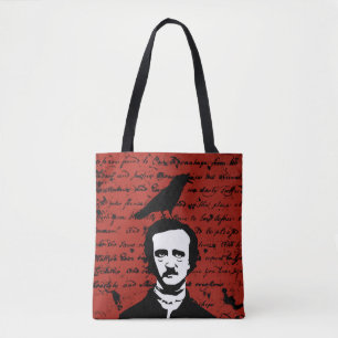Edgar Allan Poe med svart korpsvart på rött Tygkasse