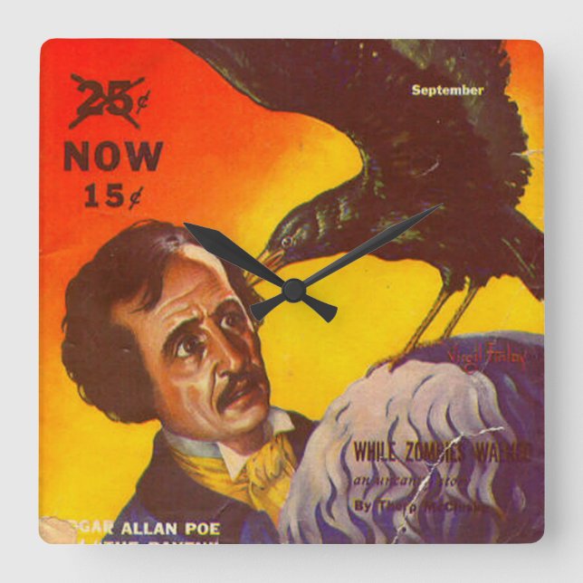 Edgar Allan Poe och Raven Pulp Magazine Cover Fyrkantig Klocka (Framsida)