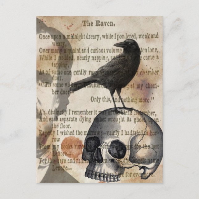 Edgar Allan Poe the Raven Skull och BIrd Vykort (Framsida)
