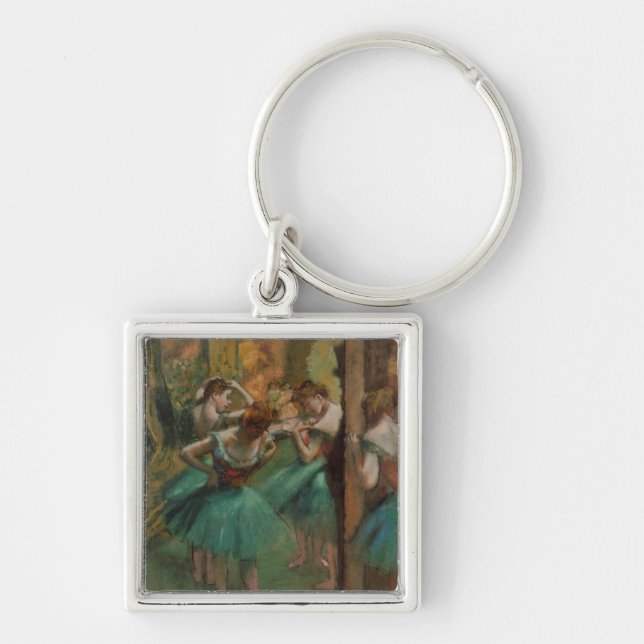 Edgar Degas Dancers Rosa and Grönt Keychain Fyrkantig Silverfärgad Nyckelring (Framsidan)