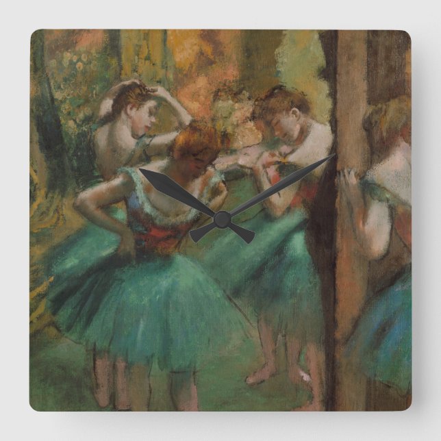 Edgar Degas Dancers Rosa och Grönt Fyrkantig Klocka (Framsida)
