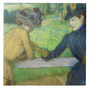 Edgar Degas   två kvinnor som lutar på en grind Kakelplatta