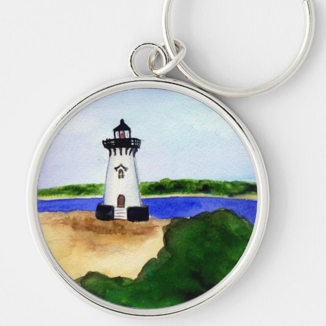 Edgartown Lighthouse Martha's Vineyard Keychain Rund Silverfärgad Nyckelring (Framsidan)