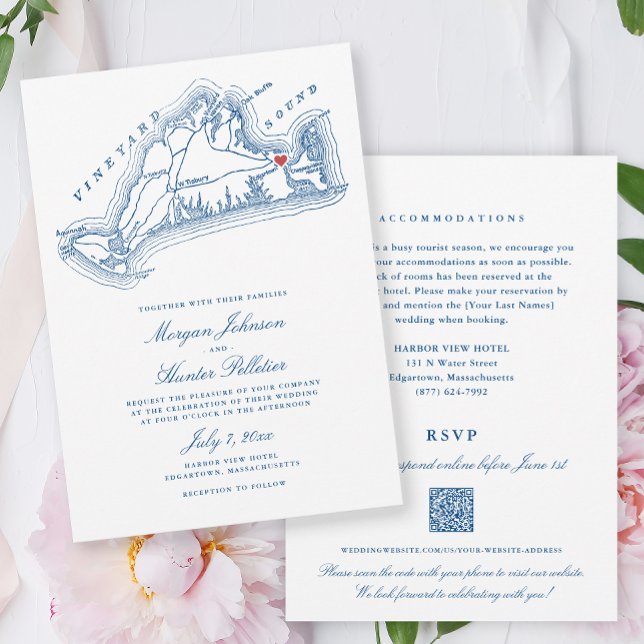 Edgartown MA Allt-i-ett Marinblå QR-kod Bröllop Inbjudningar (Edgartown MA Martha's Vineyard Map All in One Wedding invitation in elegant Navy Blue )