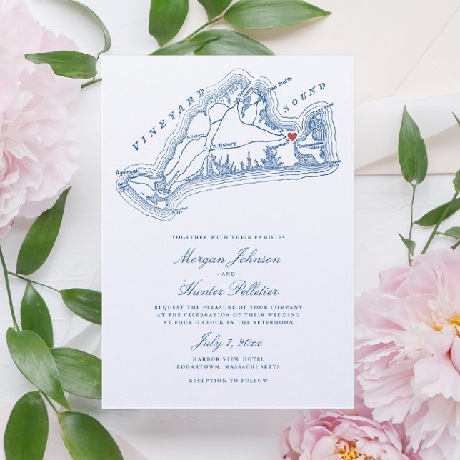 Edgartown MORSA Karta Elegant Navy Blue Bröllop Inbjudningar (Elegant Navy Blue Martha's Vineyard Wedding Invitation with Edgartown, MA Map - Coastal Map Designs)