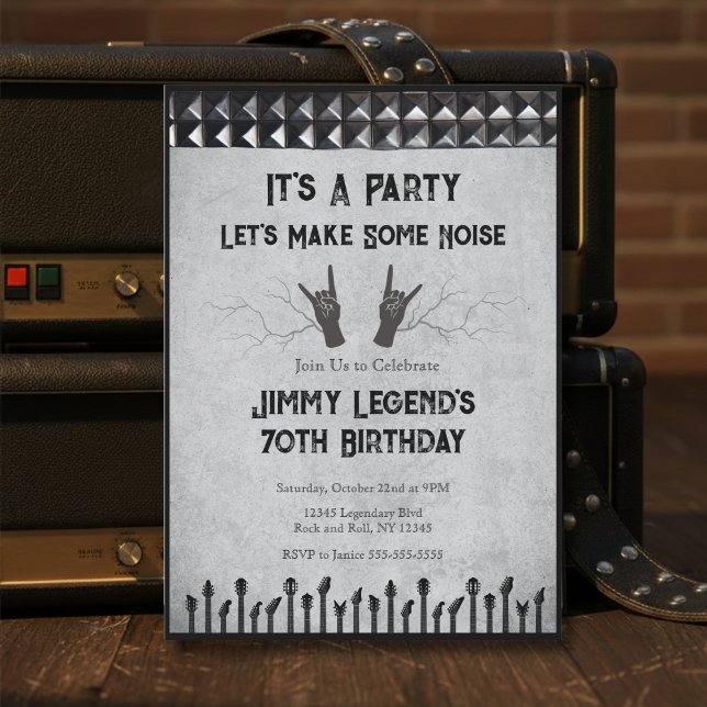 Edgy 70-års födelsedags Rockstjärna Gitarr Musiker Inbjudningar (Let's Make Some Noise with this edgy guitarist 70th birthday party invitation)