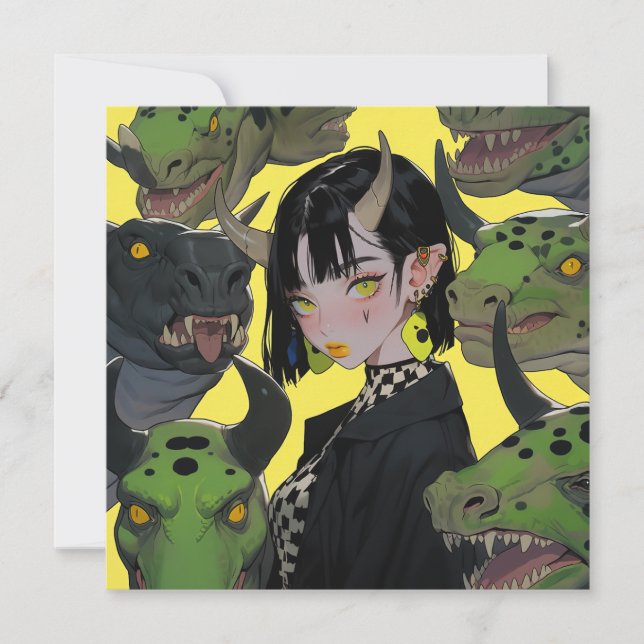 Edgy Anime Girl med dinosaurs Inbjudningar (Framsida)