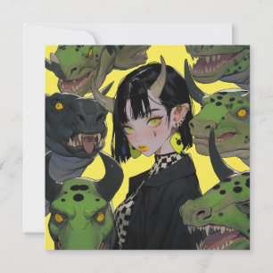 Edgy Anime Girl med dinosaurs Inbjudningar