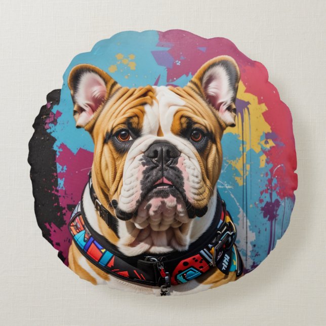 Edgy Bulldog Grunge-bakgrund Rund Kudde (Framsidan)