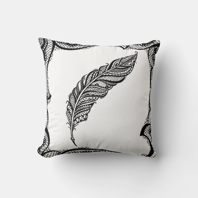 Edgy & chic invecklad snörefjäderillustration kudde (Framsida)