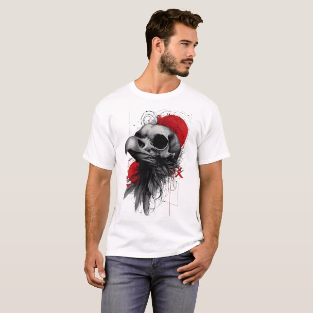 Edgy Crow Skull Gothic Grunge Street Art T-Shirt (Hel framsida)