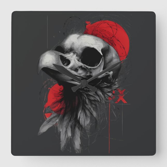 Edgy Crow Skull Gothic Grunge Wall Clock Fyrkantig Klocka (Framsida)