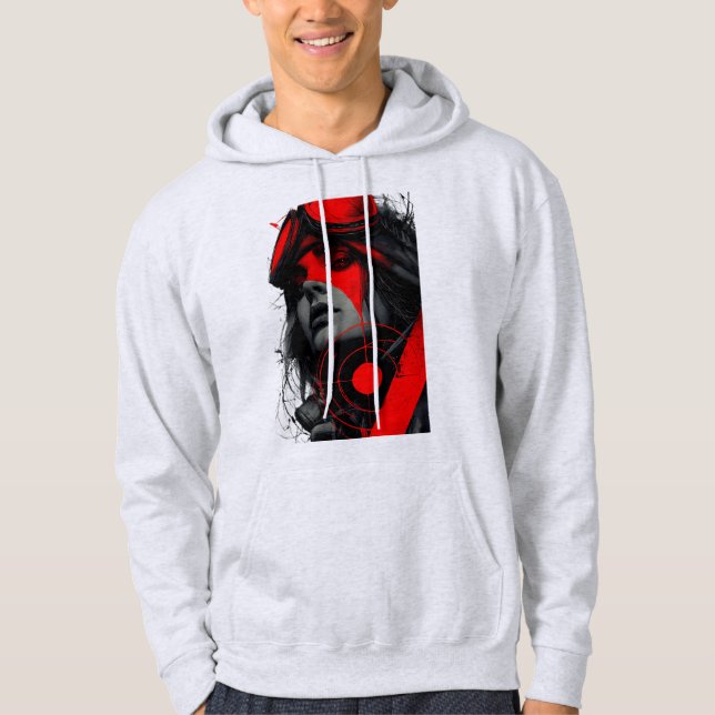 Edgy Cyberpunk Dystopisk Flickas Röd Måltavels-Hoo Hoodie (Framsida)