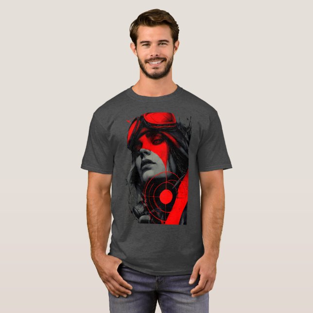 Edgy Cyberpunk Sniper Red Target Graphic T-Shirt (Hel framsida)