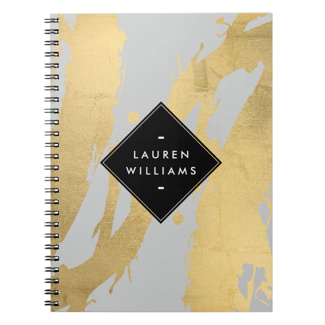 Edgy Faux Guld Brushstrokes på Grått Anteckningsbok Med Spiral (Framsidan)