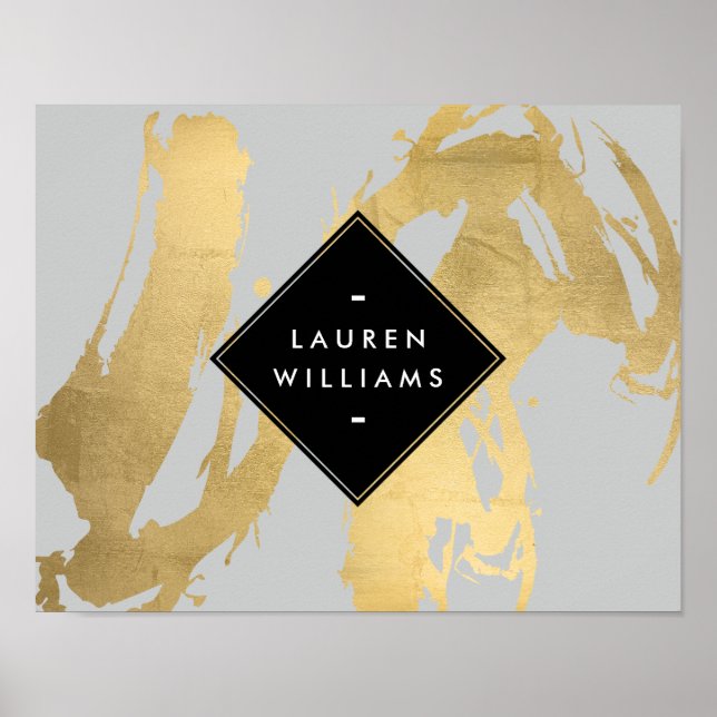 Edgy Faux Guld Brushstrokes på Grått Poster (Framsidan)