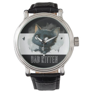 Edgy Kitten Illustration - "Bad Kitten" text Armbandsur