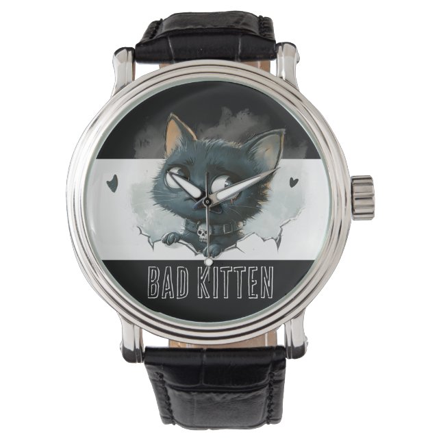 Edgy Kitten Illustration - "Bad Kitten" text Armbandsur (Framsida)